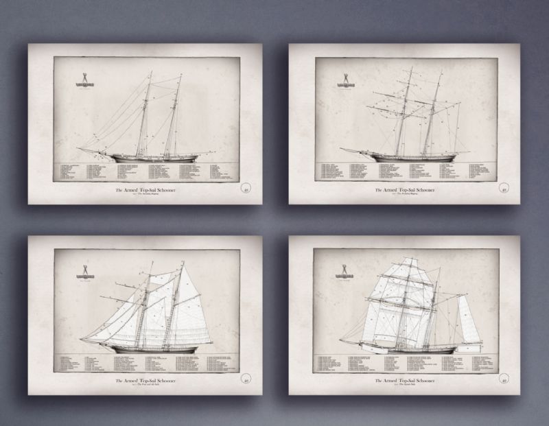 The Naval Top-Sail Schooner by Tony Fernandes - set of 4 rigging prints